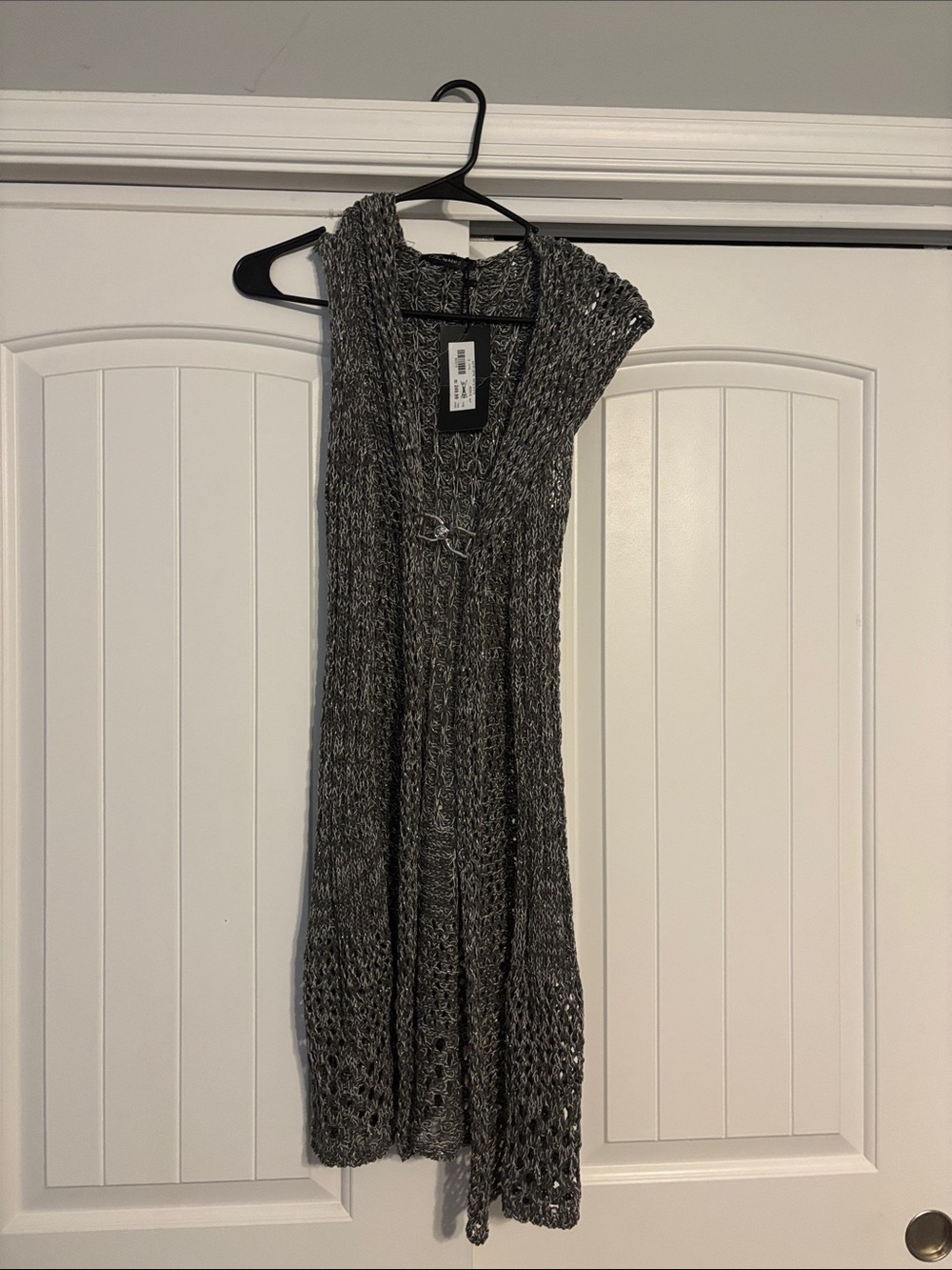 Open-Knit Sleeveless Long Vest - Gray